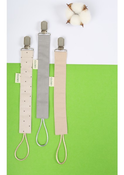 3'lü Set Emzik Askısı - Emzik Zinciri - Emzik Tutacağı - %100 Pamuk - Kahve Noktalı, Gri, Kahve