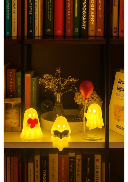 Hayalet Figür Seti Kalpli, Kitap Okuyan ve Balonlu Modeller Pilli Mum ile Kullanım Ev Dekorasyonu Hediye Alternatifi