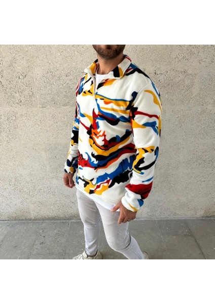 Erkek Yarım Fermuarlı Desenli Polar Sweat – Renkli Abstract Desen Yakalı, Uzun Kollu, Oversize fırsatları