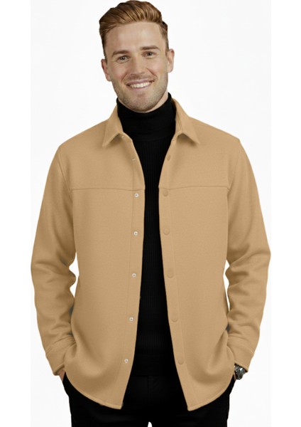 Erkek Camel Likralı Rahat Kalıp Cepsiz Kaşe Ceket – Çıt Çıtlı, Esnek Şık Model Ceket 0760