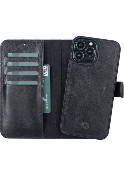 Apple iPhone 13 Pro Max Uyumlu Deri Cüzdanlı Kılıf Rustik Siyah