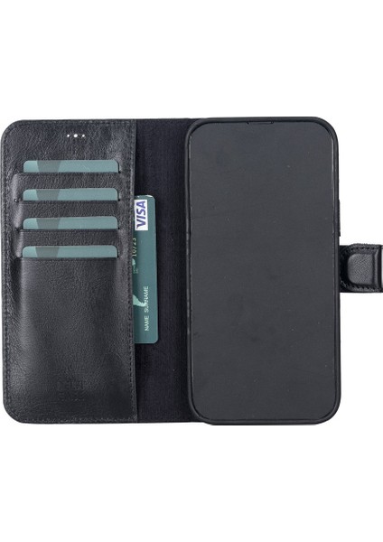 Apple iPhone 13 Pro Max Uyumlu Deri Cüzdanlı Kılıf Rustik Siyah fırsatları