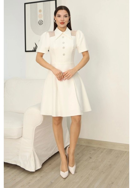 Omuz Tül Detaylı Gömlek Yaka Midi Elbise 2327-BEYAZ fırsatları