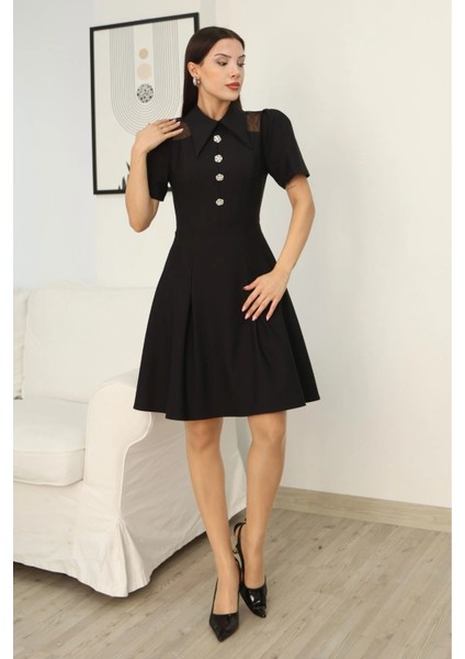 Omuz Tül Detaylı Gömlek Yaka Midi Elbise 2327-SIYAH