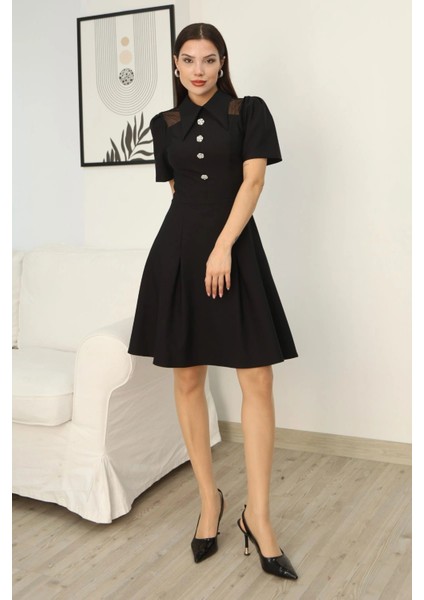 Omuz Tül Detaylı Gömlek Yaka Midi Elbise 2327-SIYAH fiyatları