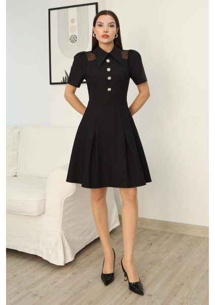 Omuz Tül Detaylı Gömlek Yaka Midi Elbise 2327-SIYAH modelleri