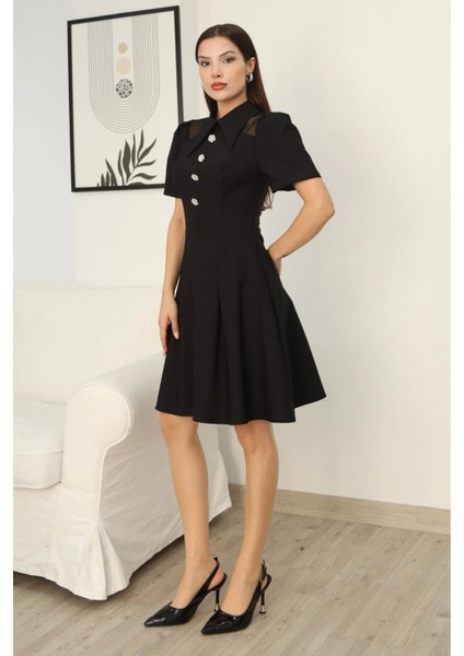 Omuz Tül Detaylı Gömlek Yaka Midi Elbise 2327-SIYAH fırsatları