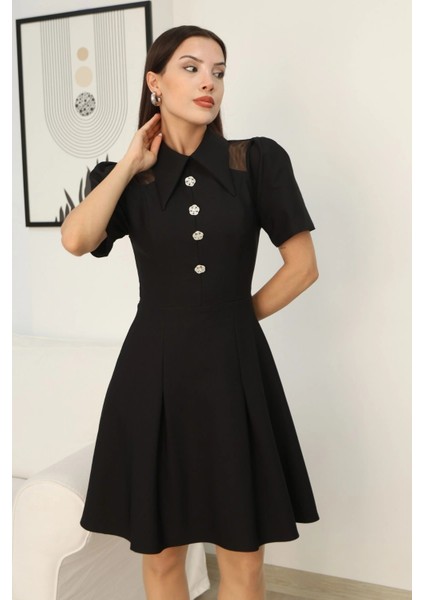 Omuz Tül Detaylı Gömlek Yaka Midi Elbise 2327-SIYAH indirimleri