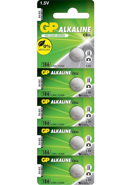 Gp Batteries GP186 LR43/186/V12GA Boy Alkalin Düğme Pil, 1.5 Volt, 5'li Kart