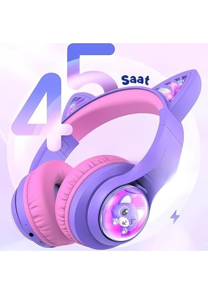 Kedi Kulaklı LED Işıklı Güvenli Ses Sınırlı 45 Saat Oynatma Süreli Bluetooth Çocuk Kulaklığı Mor fiyatları