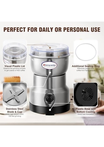 Mini Kahve Öğütücü Elektrikli 10S Hızlı Öğütücü Çok Işlevli Parçalama Makinesi Kuru Tahıl Değirmeni Tohumları Pirinç Çekirdeği Çeşniler Için (Gümüş, 110V) modelleri