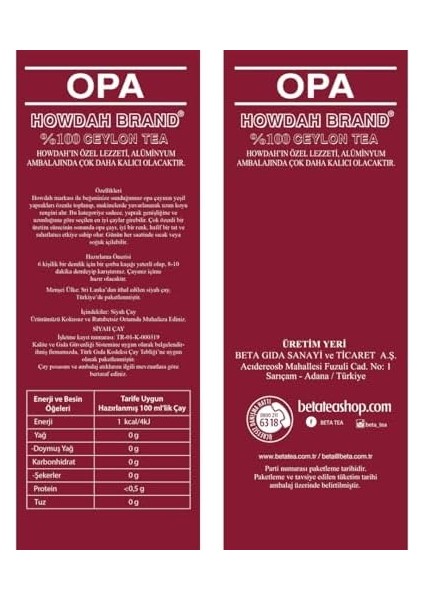 Beta Howdah Premium Siyah Çay 250 gr modelleri