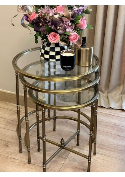 Torna Detaylı 3'lü Pirinç Eskitme Zigon Sehpa fiyatları