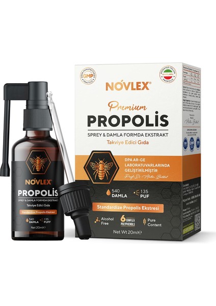 Novlex Propolis Ekstrakt (Su Bazlı-Alkolsüz) Nane Aromalı Sprey & Damla (540 Damla) Takviye Edici Gıda 20ML