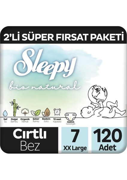 Sleepy Bio Natural 2'li Fırsat Paketi Bebek Bezi 7 Numara Xxlarge 120 Adet Cırtlı Bez fiyatları
