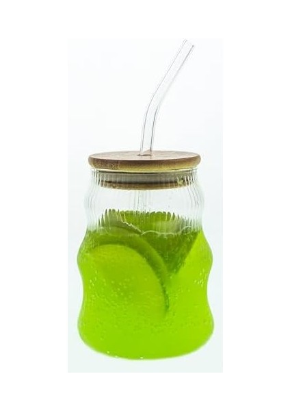 500ML Bambu Kapaklı Cam, Cam Pipetli Silikon Kapak Contalı Çizgi Desenli Soğuk Içecekler Için Kahve Meyve Suları ve Çayları Için Ergonomik Şık Tasarım modelleri