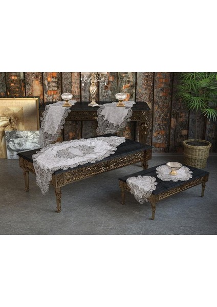 Diyarı Fransız Güpürlü Yasemin Kadife Salon Takımı 5 Parça Gri 161756