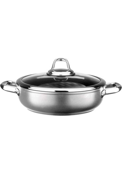 Titanium 24CM Sığ Tencere, Çelik Kulp, Özel Çerçeveli Cam Kapak Metalik Gri