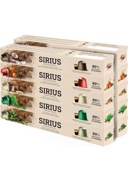 Sirius Premium Aromalı Kapsül Kahve 10'lu Set (2xkaramel-2xvanilya-2xçikolata-2xfındık-2xportakal)