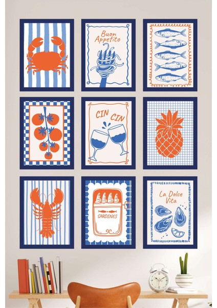 Akdeniz Esintili Retro 9’lu Mdf Duvar Tablo Seti – Mutfak ve Kafe Dekoru