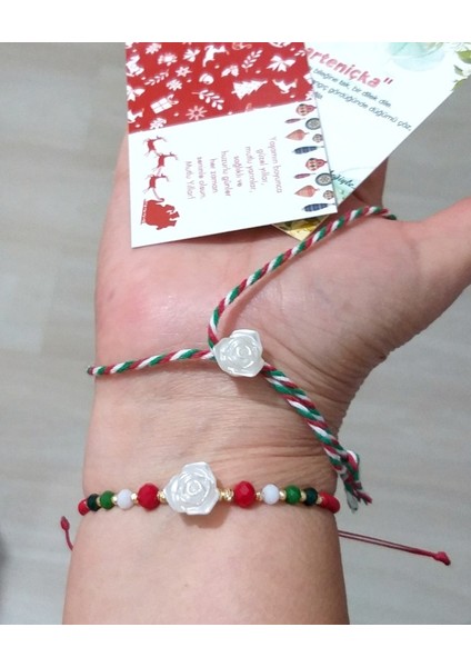 Küçük Gül Çek Cam ve Kristal Boncuklu Bileklik ve Yılbaşı Marteniçka Bileklik