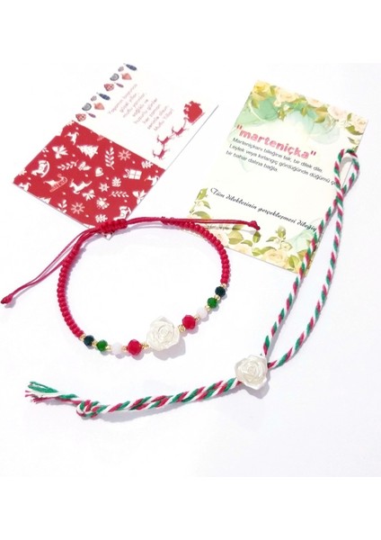 Küçük Gül Çek Cam ve Kristal Boncuklu Bileklik ve Yılbaşı Marteniçka Bileklik modelleri