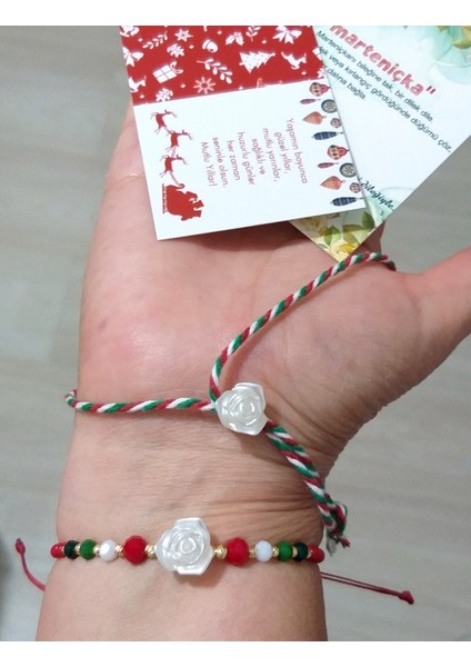 Küçük Gül Çek Cam ve Kristal Boncuklu Bileklik ve Yılbaşı Marteniçka Bileklik