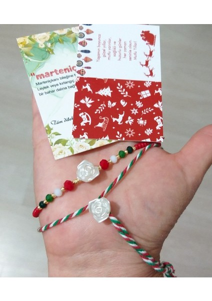 Küçük Gül Çek Cam ve Kristal Boncuklu Bileklik ve Yılbaşı Marteniçka Bileklik