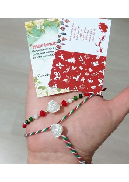 Küçük Gül Çek Cam ve Kristal Boncuklu Bileklik ve Yılbaşı Marteniçka Bileklik