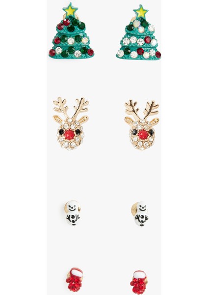 Çok Renkli Taş Detaylı Yılbaşı Temalı 4'lü Küpe Seti