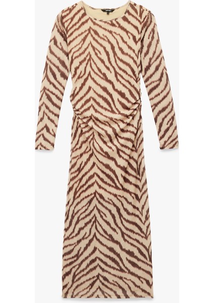 Slim Fit Yırtmaçlı Uzun Kollu Bisiklet Yaka Zebra Desenli Drapeli Elbise modelleri