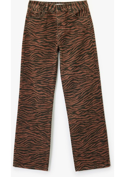 Normal Bel Düğmeli Düz Paça Zebra Desenli Jean Pantolon - Straight Fit Jean