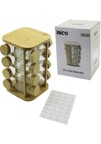 16PCS Kare - Döner Standlı Cam - Bambu Kapak Tuzluk - Baharatlık Bambu Stand (5047)