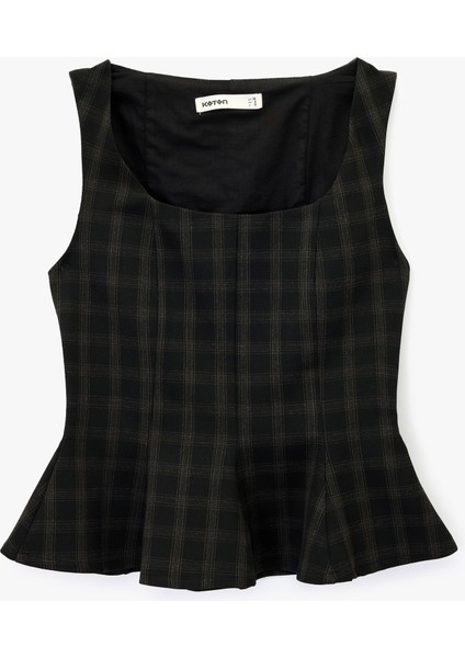 Kare Yaka Kolsuz Ekose Peplum Bluz