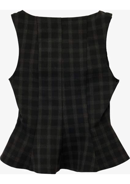 Kare Yaka Kolsuz Ekose Peplum Bluz fiyatları