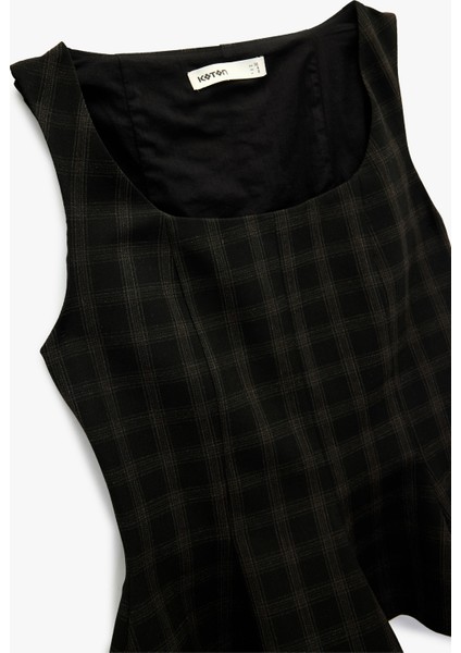 Kare Yaka Kolsuz Ekose Peplum Bluz modelleri