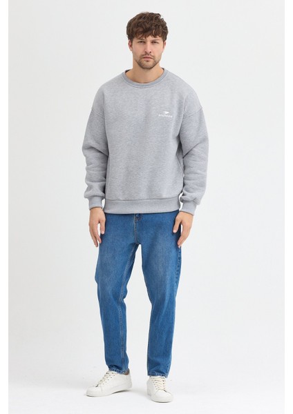 Oversize Bisiklet Yaka Şardonlu Erkek Sweatshirt 3 Iplik Pamuklu Gri - 2xl modelleri