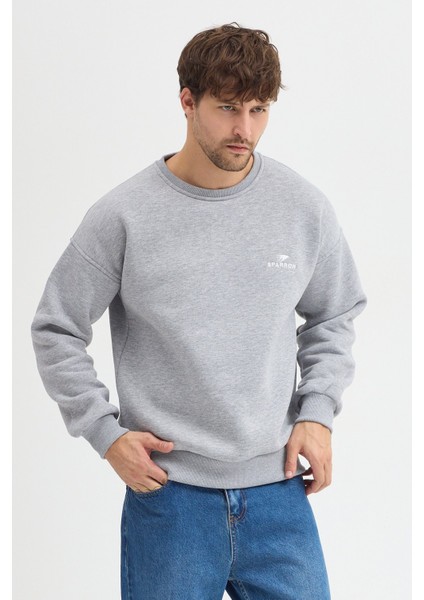 Oversize Bisiklet Yaka Şardonlu Erkek Sweatshirt 3 Iplik Pamuklu Gri - 2xl fırsatları