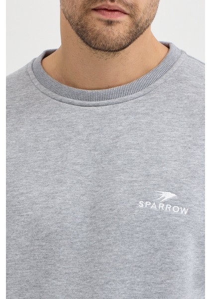 Oversize Bisiklet Yaka Şardonlu Erkek Sweatshirt 3 Iplik Pamuklu Gri - 2xl