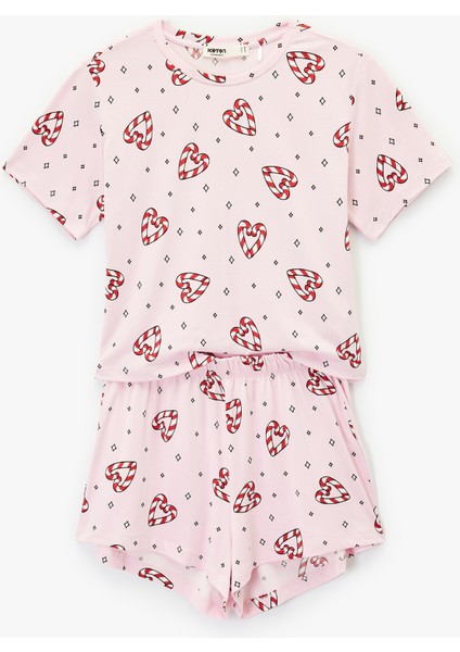 Kısa Kollu U Yaka Baskılı Şortlu Yılbaşı Pijama Takımı