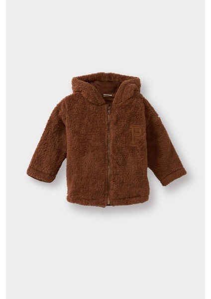 Erkek Bebek Nakışlı Kapüşonlu Fermuarlı Pelüş Hırka