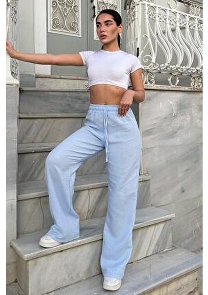 Mavi Bol Paça Müslin Kadın Pantolon %100 Pamuk Günlük Kullanım İçin MG1980