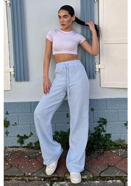 Mavi Bol Paça Müslin Kadın Pantolon %100 Pamuk Günlük Kullanım İçin MG1980