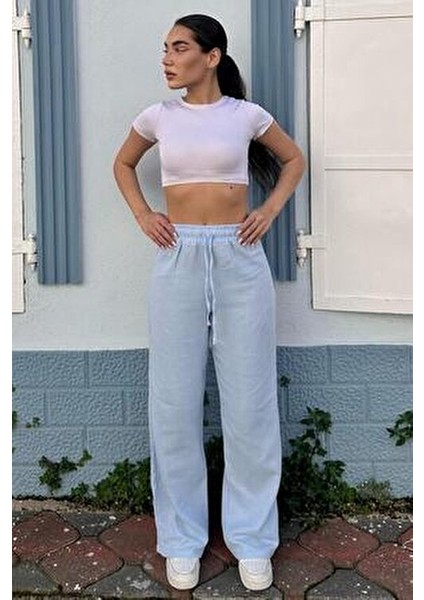 Mavi Bol Paça Müslin Kadın Pantolon %100 Pamuk Günlük Kullanım İçin MG1980
