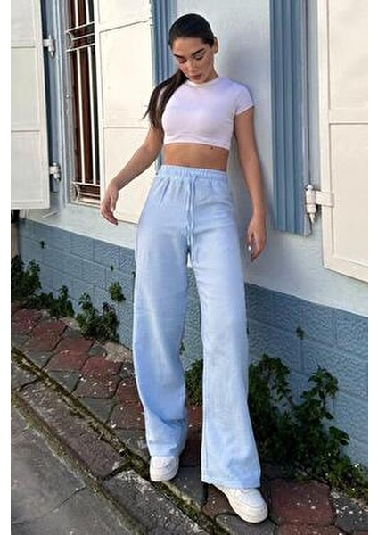 Mavi Bol Paça Müslin Kadın Pantolon %100 Pamuk Günlük Kullanım İçin MG1980