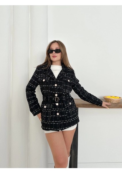 Çok Düğmeli Kemerli Yüksek Kaliteli Astarlı Ceket Siyah OS255859 fiyatları