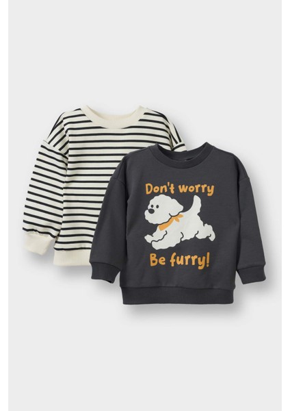 Erkek Bebek Bisiklet Yaka İçi Yumuşak Tüylü 2'li Sweatshirt G4865A525WN