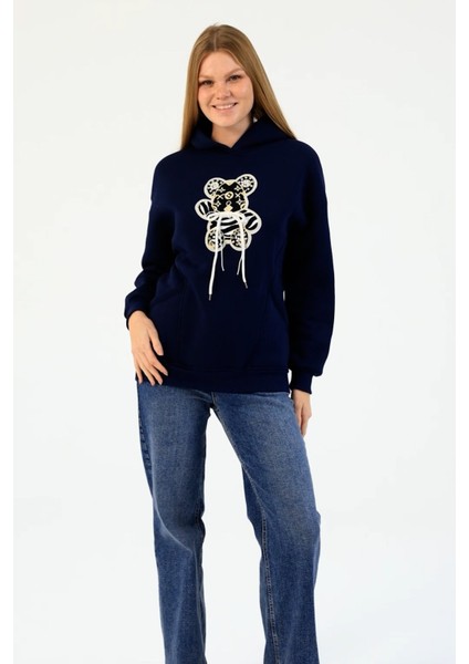 Kadın Ayıcık Aksesuarlı Kapüşonlu 3ip Sweatshirt Lacivert - 2685