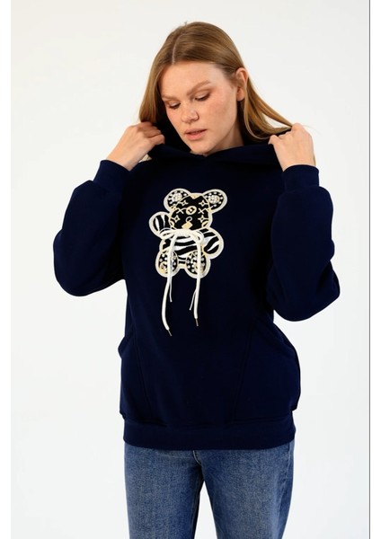 Kadın Ayıcık Aksesuarlı Kapüşonlu 3ip Sweatshirt Lacivert - 2685 fiyatları