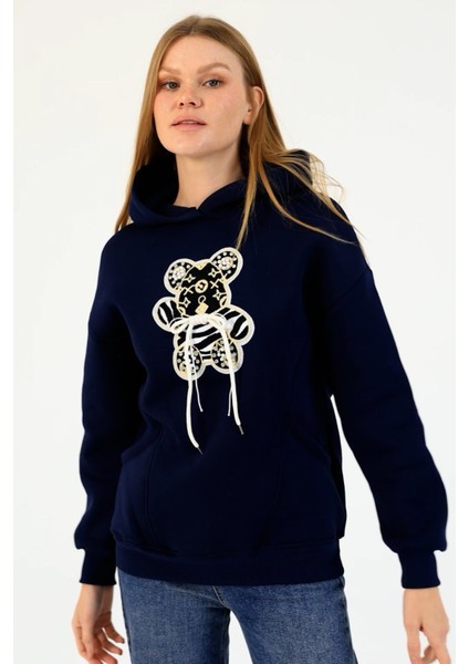 Kadın Ayıcık Aksesuarlı Kapüşonlu 3ip Sweatshirt Lacivert - 2685 modelleri